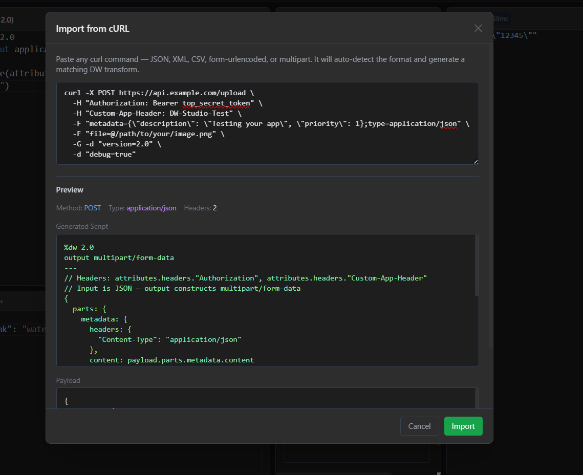 cURL Importer — paste and get a transform template