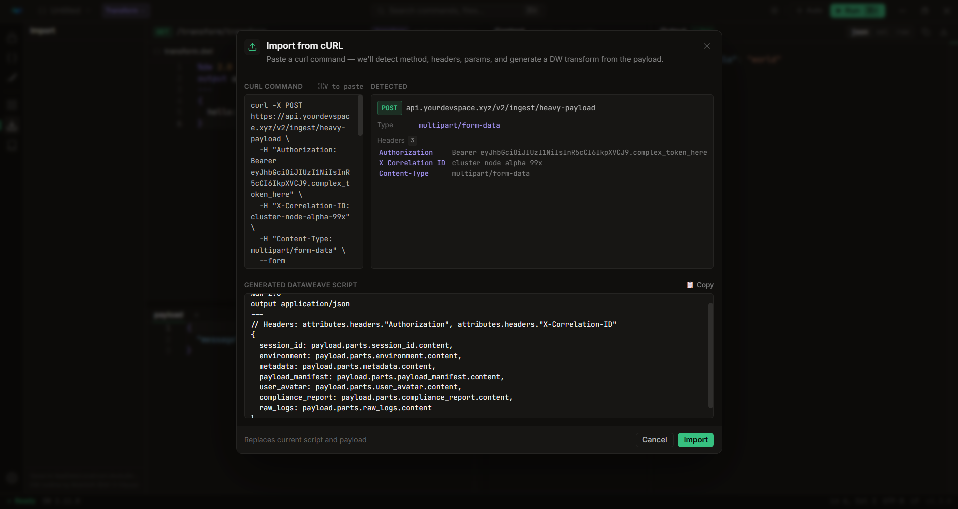 cURL Importer — paste a cURL command to get a DW transform template