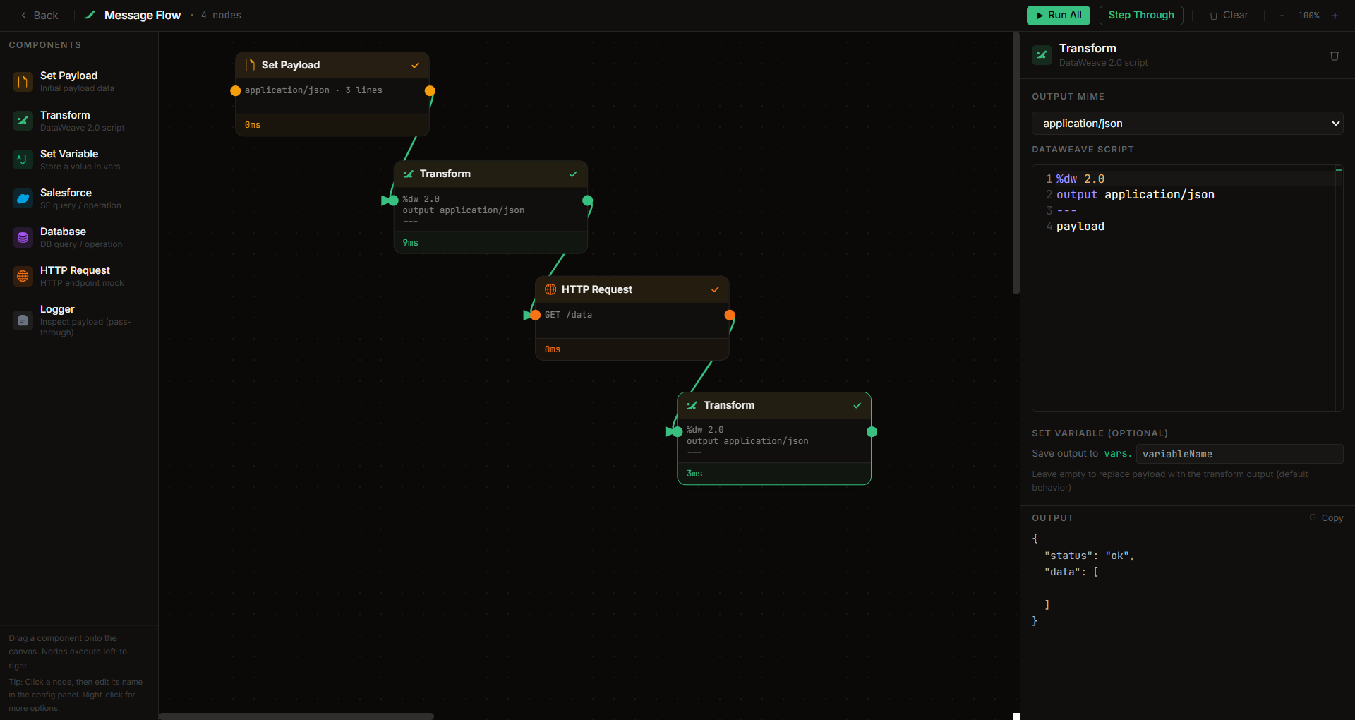 Message Flow Designer — visual drag-and-drop flow canvas with step-through debugging
