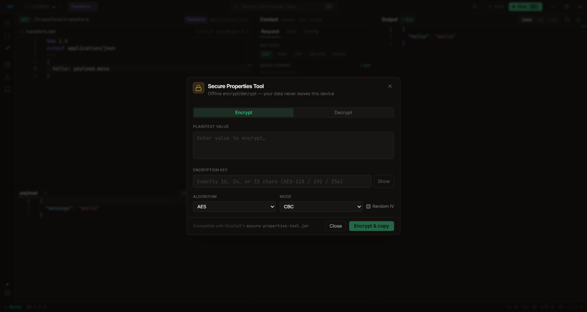Secure Properties Tool — offline AES-CBC encryption