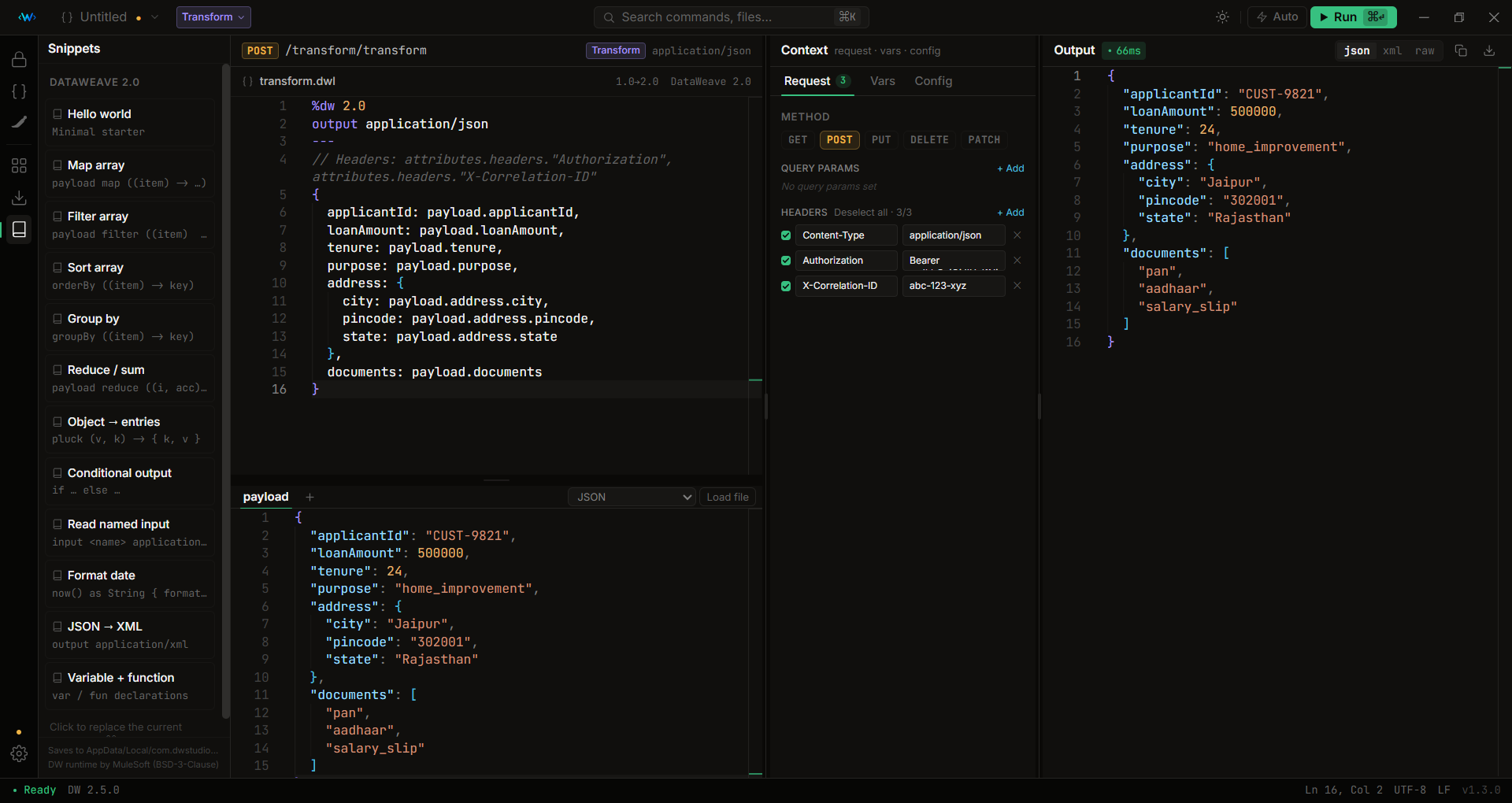 Snippets sidebar with reusable DW templates