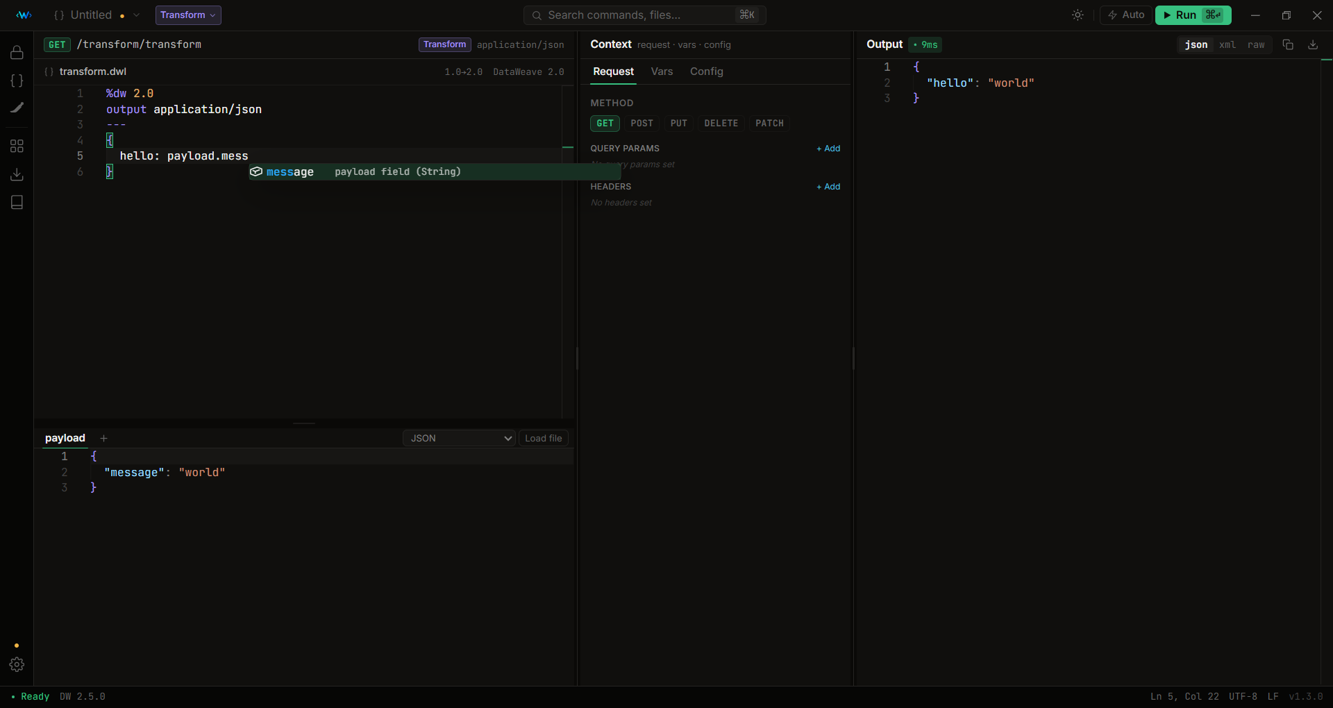DataWeave Studio — Monaco editor with 309-function autocomplete